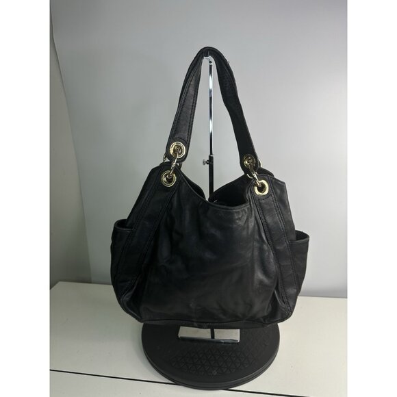 Michael Kors Braided Grommet Black Leather Shoulder Large Handbag - Picture 3 of 8